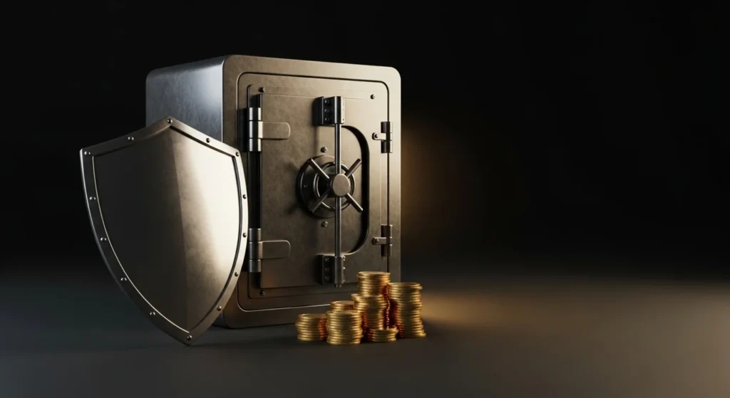 Qalqon va seyf bilan premium uslubdagi xavfsizlik konsepti