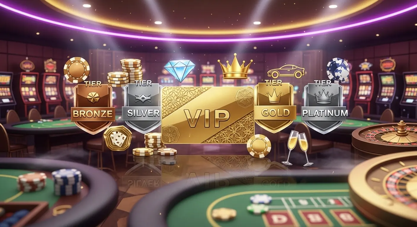VIP sodiqlik dasturi darajalari va maxsus bonuslar ko‘rsatilgan kazino tasviri