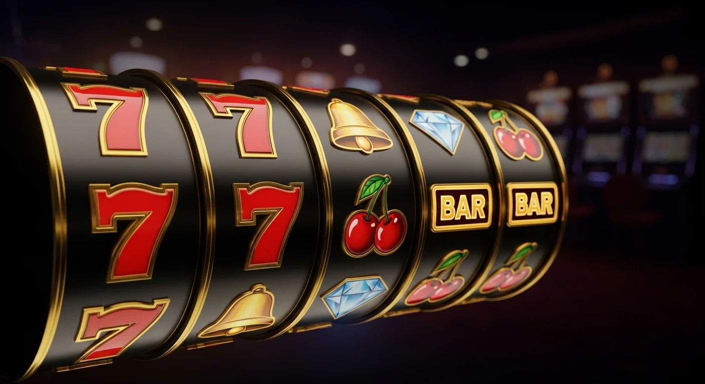 Luxury online slot reels in dark casino atmosphere
